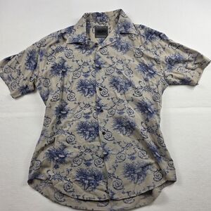 Wesklo Toile Floral Resort Shirt Mens Large Blue Taupe Rayon Aloha